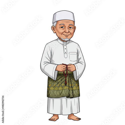 Respectful Elder: A serene depiction of an elder wearing traditional attire, representing the values and essence of a culture with a soft, inviting smile.