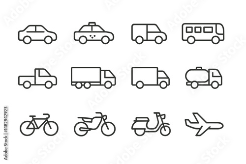 Different types of vehicles arranged in a grid showcasing transportation options in various categories