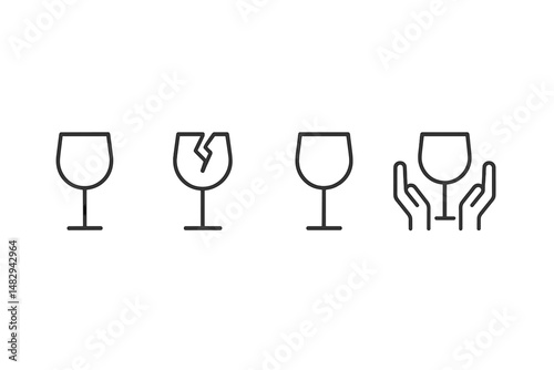 Broken glass repair depicted with icons showing steps for handling damage at home or in workshops