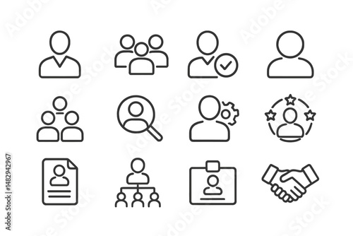 Digital icons illustrating teamwork, profile management, and collaboration in a modern workspace setting