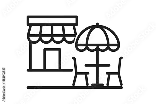 Cozy outdoor cafe setup with tables, chairs, and an umbrella during sunny daytime
