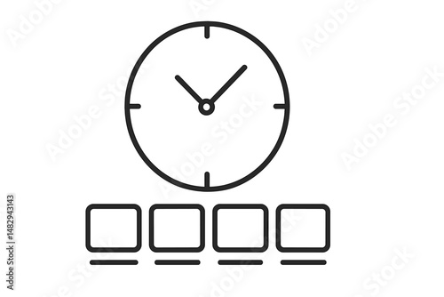 Clock displaying time above a row of computer screens in a modern workspace