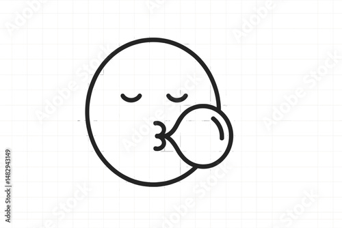 Funny cartoon character blowing a bubble with bubblegum in a playful expression on a lined background