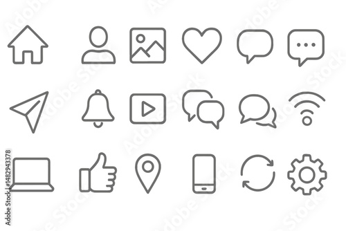 Collection of line icons representing communication, technology, and social interaction in modern design