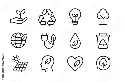 Symbols representing sustainability and environmental awareness in a minimalist design with nature themes and concepts