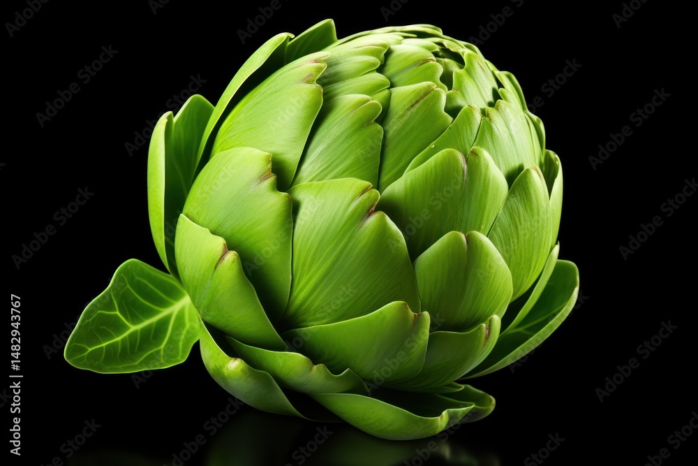 Obraz premium Close-up of a fresh organic green artichoke with a natural glossy finish on its leaves, showing rich green tones