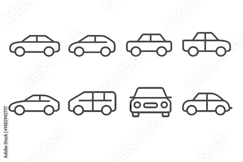 Collection of simple car icons illustrated in various designs and orientations for use in projects or apps