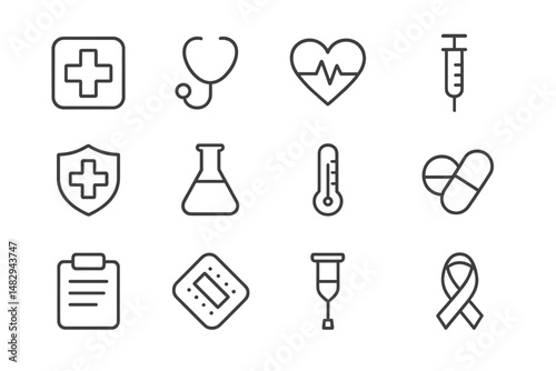 Health and wellness symbols representing medical care, diagnostics, and support for various health conditions