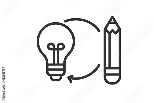 Creative concept showing the transformation from idea to design through a light bulb and pencil illustration
