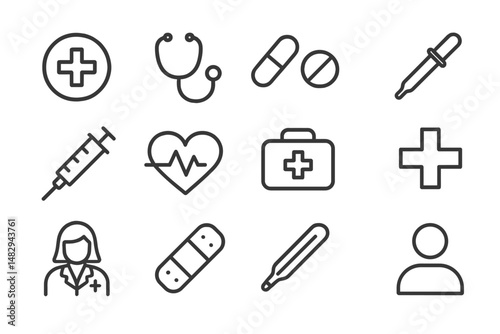 Health and medical related icons depicting various tools and symbols used in healthcare and patient care settings
