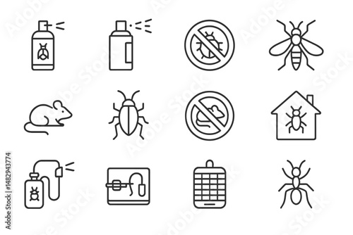 Pest control icons illustrating various methods for managing insects and rodents in homes and gardens
