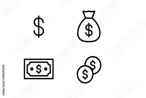 Symbols and representations of money including bills, coins, and a bag of cash in a minimalist style