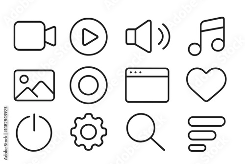 Collection of simple icons representing multimedia functions and user interface elements for digital applications