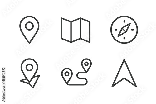 Map icons and navigation symbols depicting location tracking and direction finding activities in digital interface