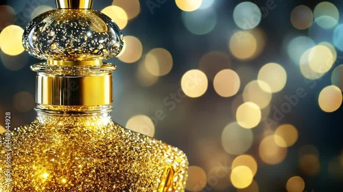 Elegant golden perfume bottle sparkles with bokeh lights in luxurious sequence