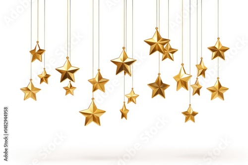 Luxurious golden stars with a three-dimensional appearance, gracefully dangling, symbolizing holiday elegance