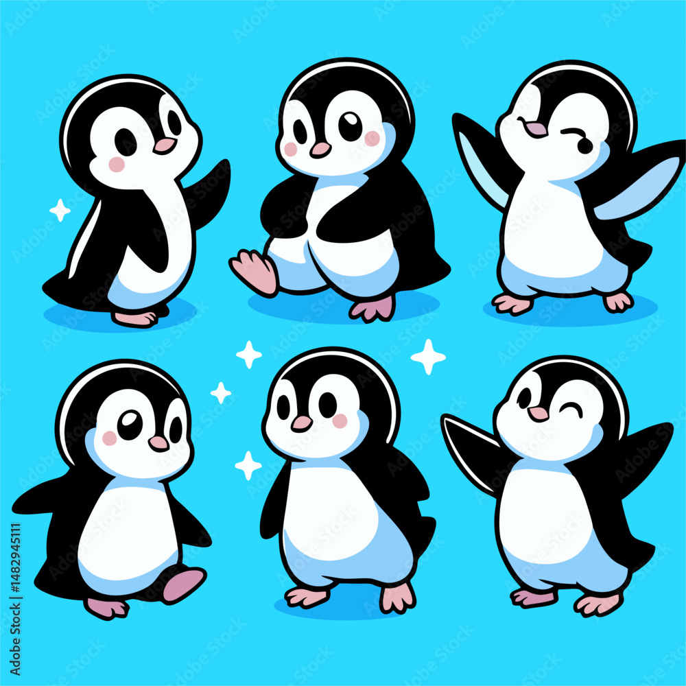 Naklejka premium Cute Cartoon Baby Penguins Vector Set A charming vector illustration set featuring six adorable baby penguins in various cute poses and expressions.