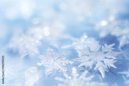 Various snowflakes captured in sharp focus, some in the foreground and others softly blurred in the background