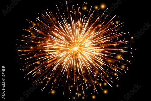 Vibrant fireworks explosion with golden stars and bright sparks radiating outward, creating a dazzling light show in the night sky