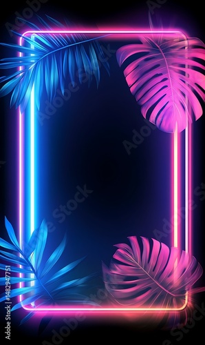 Bright glowing neon rectangle with tropical monstera and palm leaves beautifully accenting its frame
