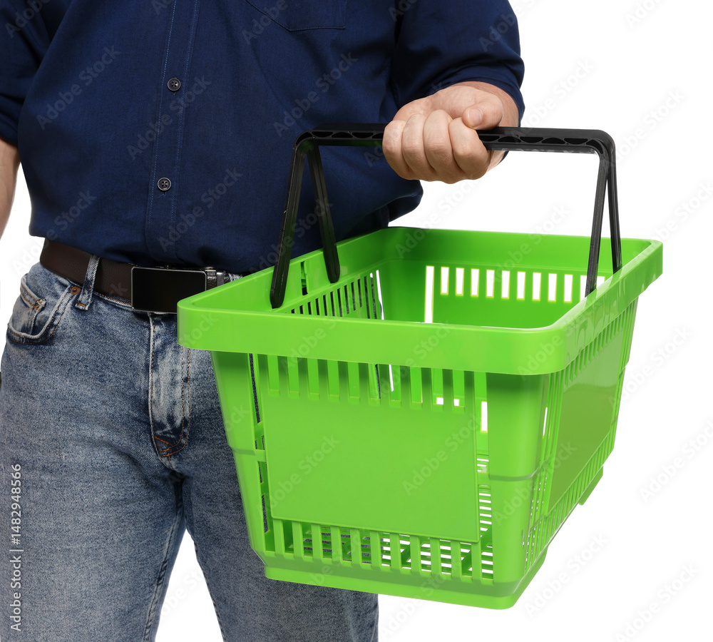 Fototapeta premium Man with empty shopping basket on white background, closeup