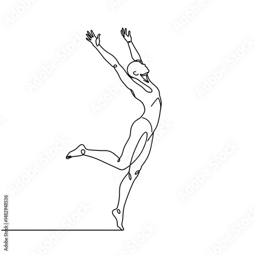 Leaping into Joy: A single-line drawing of a graceful woman, arms outstretched, leaping joyfully into the air, celebrating freedom and exhilaration.