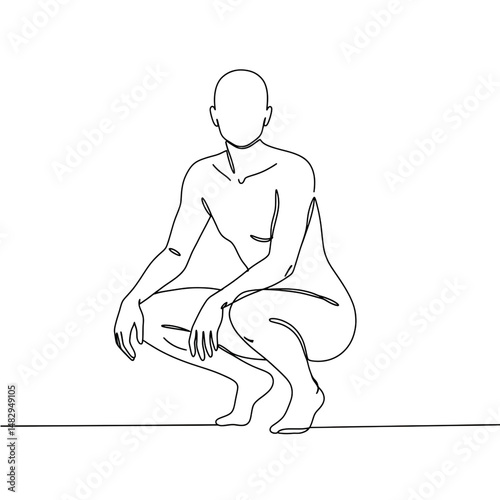 Figure in a Squat: A minimalist line drawing of a person in a low squat position, conveying a sense of stillness, balance and contemplation.