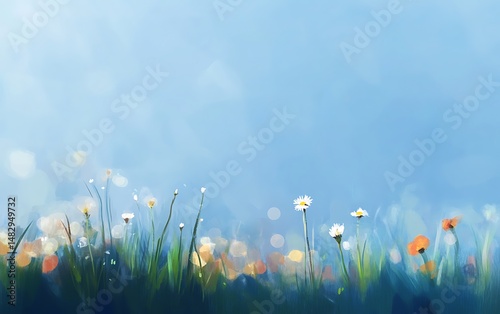 Impressionistic floral scape shows daisies and poppies growing in soft blue light