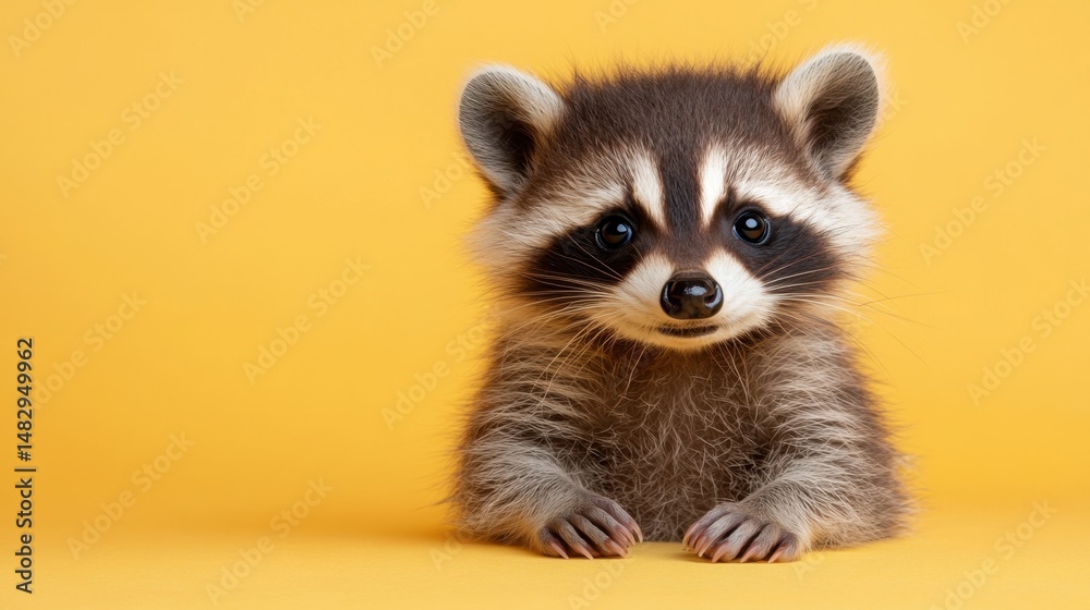 Obraz premium Lindo retrato de cuerpo entero de un bebé mapache sobre un fondo amarillo claro para la educación sobre la vida silvestre y la protección de los animales.