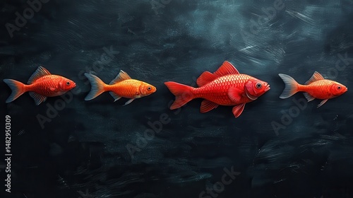 Conceptual image of red fish growth stages on dark textured background