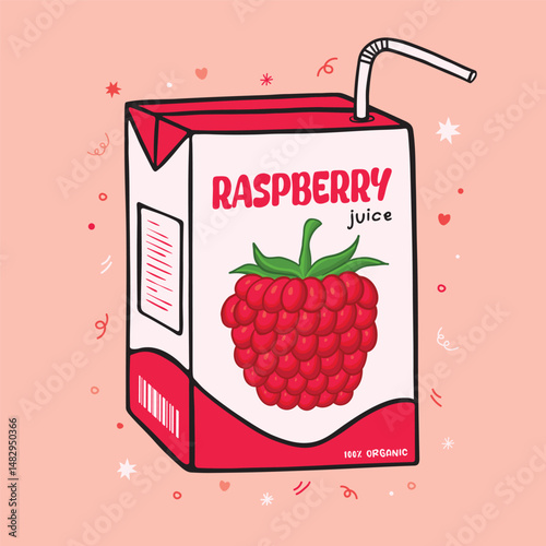 Kawaii Asian drink with Raspberry flavor and straw. Strawberry juice box package vector illustration. Cute packet of juice box.