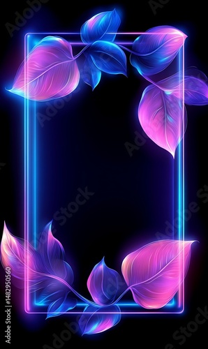 Neon rectangular frame adorned with luminous blue and pink leaves illuminates the dark background
