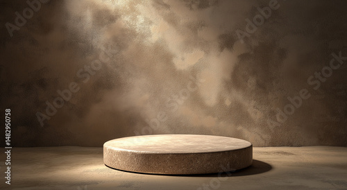 Pódio circular de pedra com luz e sombra contra uma parede de textura áspera.