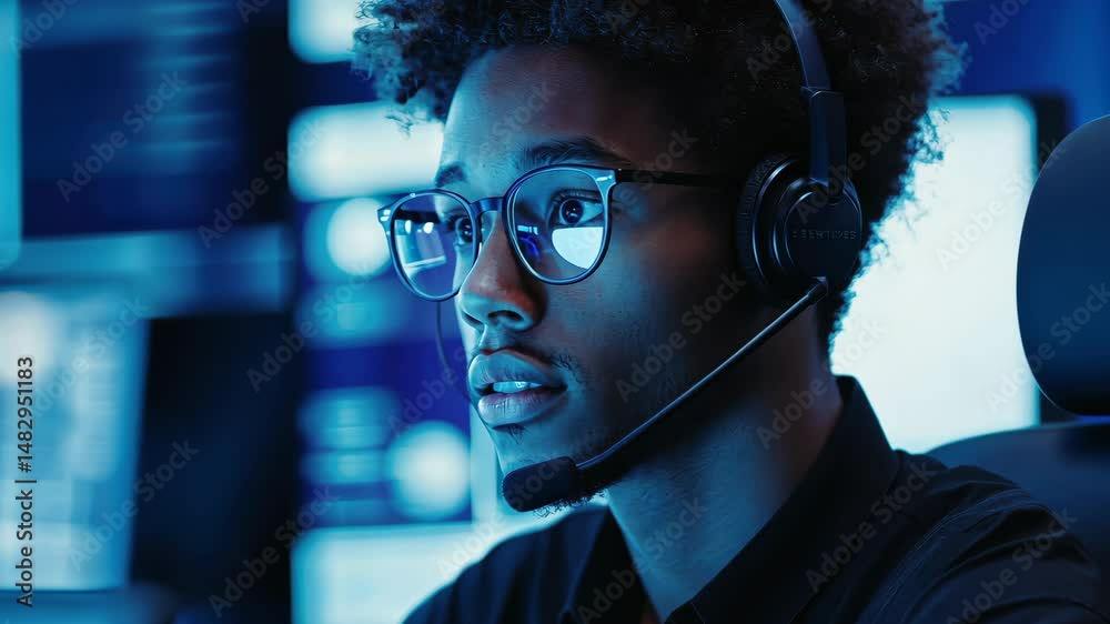Focused call center agent in hightech workspace with headset at night