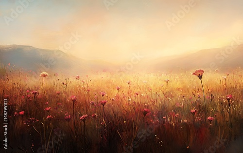 Painted field features mountain silhouettes as red flowers bloom under golden light conditions