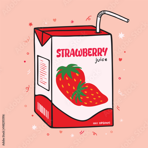 Strawberry juice box package vector illustration. Kawaii Asian drink with Strawberries flavor and straw. Cute packet of juice box. Vector flat illustration o isolated background