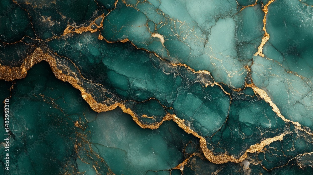 Fototapeta premium Deep teal and gold marbled surface texture.