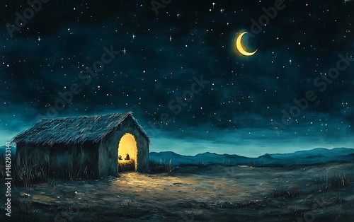 Straw hut brightly glows under a starry sky and crescent moon at night