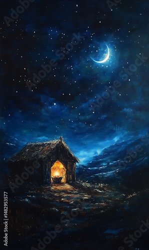 Thatched hut glows with light under a crescent moon in the dark of night