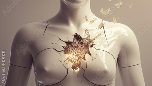 Cracked Figure with Butterflies and Gears Inside