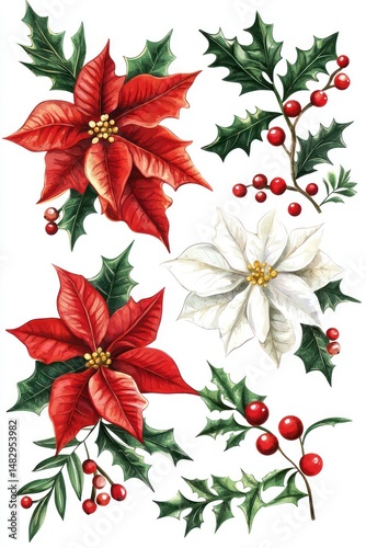 Rich winter florals like poinsettias, holly, and mistletoe, with intricate textures, isolated on a clean white surface for festive designs.