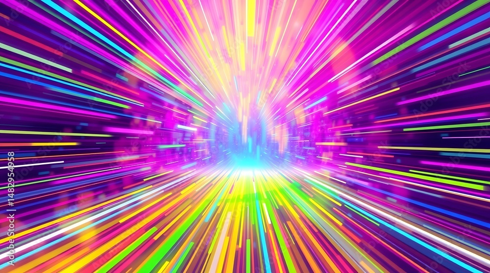 Fototapeta premium Abstract vibrant neon light streaks tunnel background. Colorful dynamic energy rays. Futuristic speed effect.