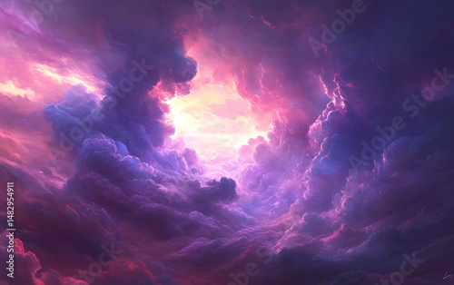 Vivid pink and purple clouds converge around a bright golden light in this ethereal vista