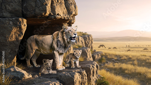 Panthera spelaea (Cave Lion) with Cubs