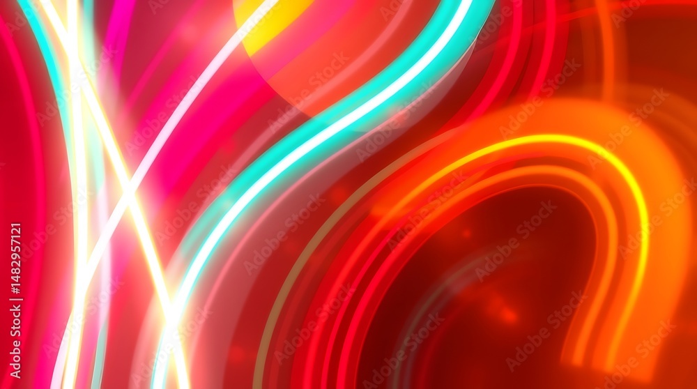 Naklejka premium Abstract vibrant red, orange, and teal neon light streaks and curves. Dynamic energy background.