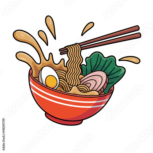 A colorful bowl of ramen is shown with noodles being lifted by chopsticks, causing a splash of broth.
