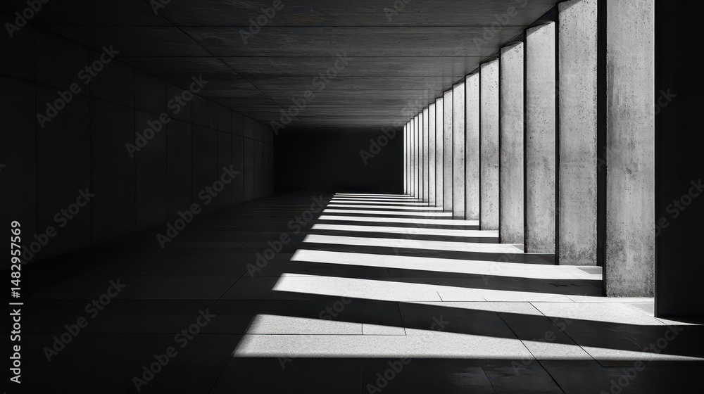 Fototapeta premium Sunlight casting shadows through modern concrete architectural columns