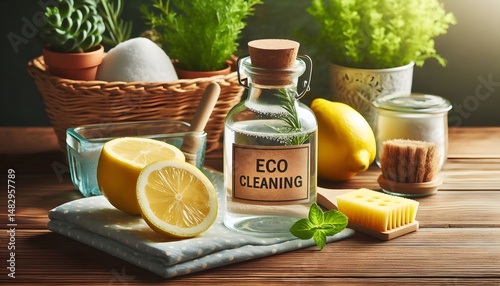 Eco cleaning concept with natural sponge, baking soda, lemon, and glass spray bottle on neutral background, sustainable non-toxic cleaning products and zero waste home care essentials