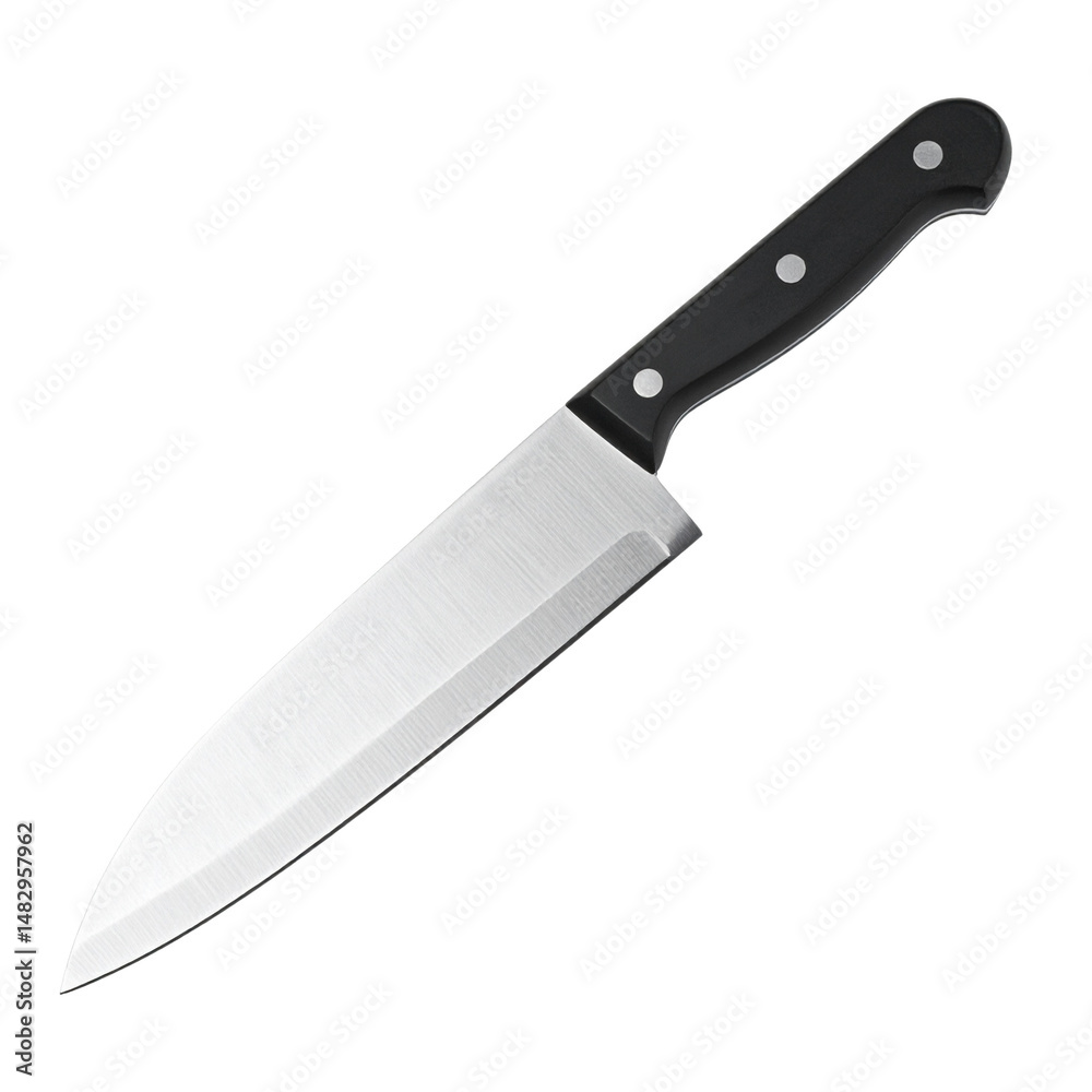 Stainless steel chef's knife with a black handle and three rivets, designed for precision cutting and slicing. Stainless steel chef's knife with a black handle and three rivets, designed for precision cutting and slicing.