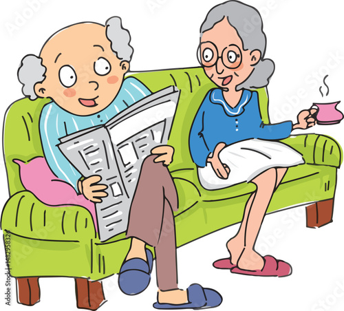 Cartoon old retired couple. Old man reading newspaper. Old woman drinking tea. Old married couple sitting on sofa.